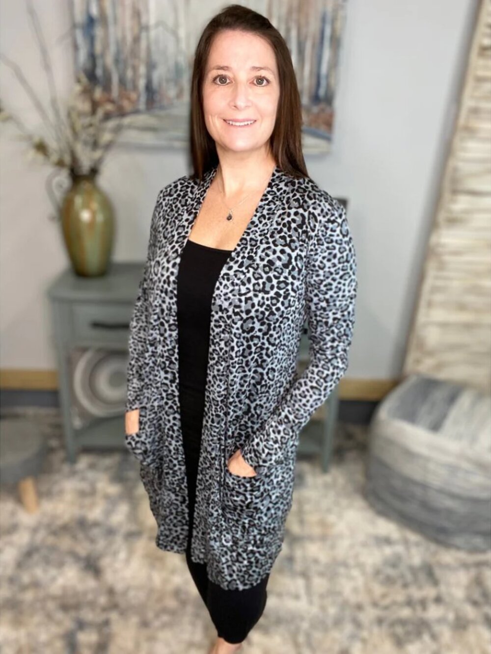 ZENANA “See You Again” Leopard Long Line Open Front Cardigan